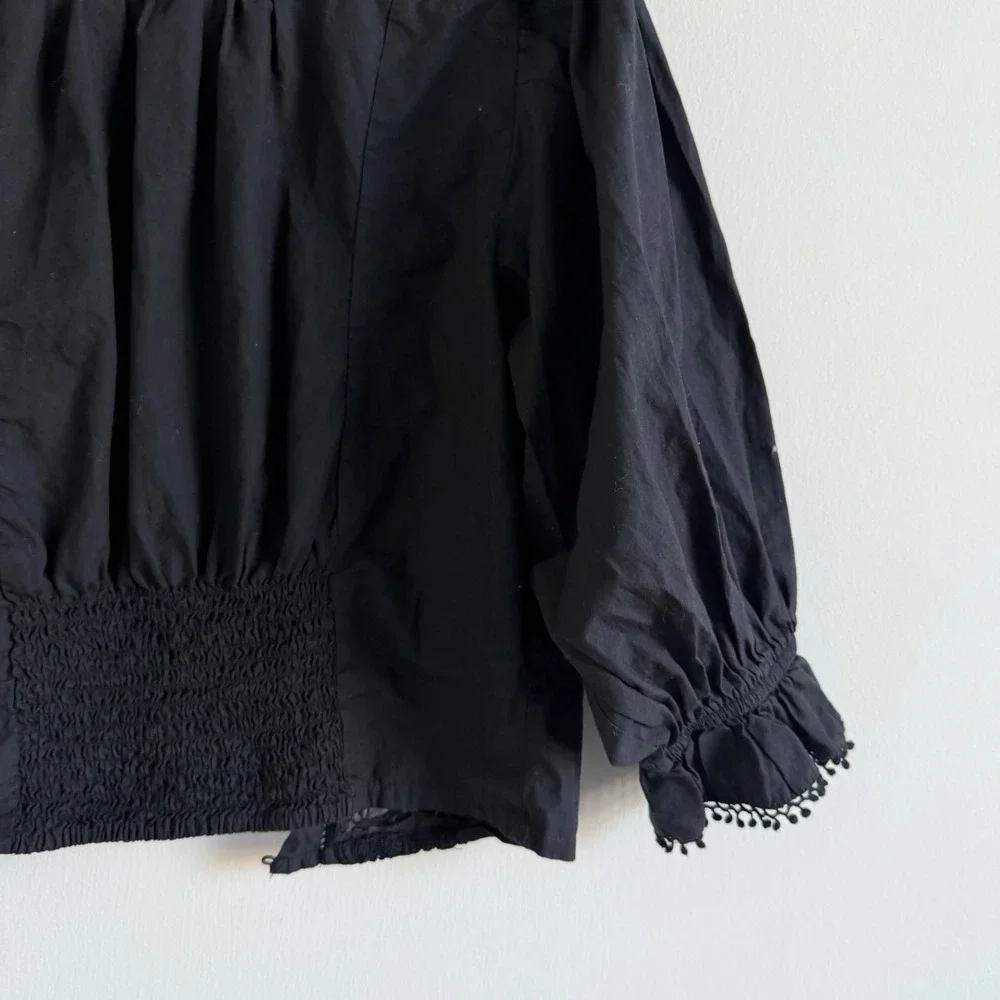 Free People Louella Black Lace‎ and Embroidered Button Front Cotton Top Medium
